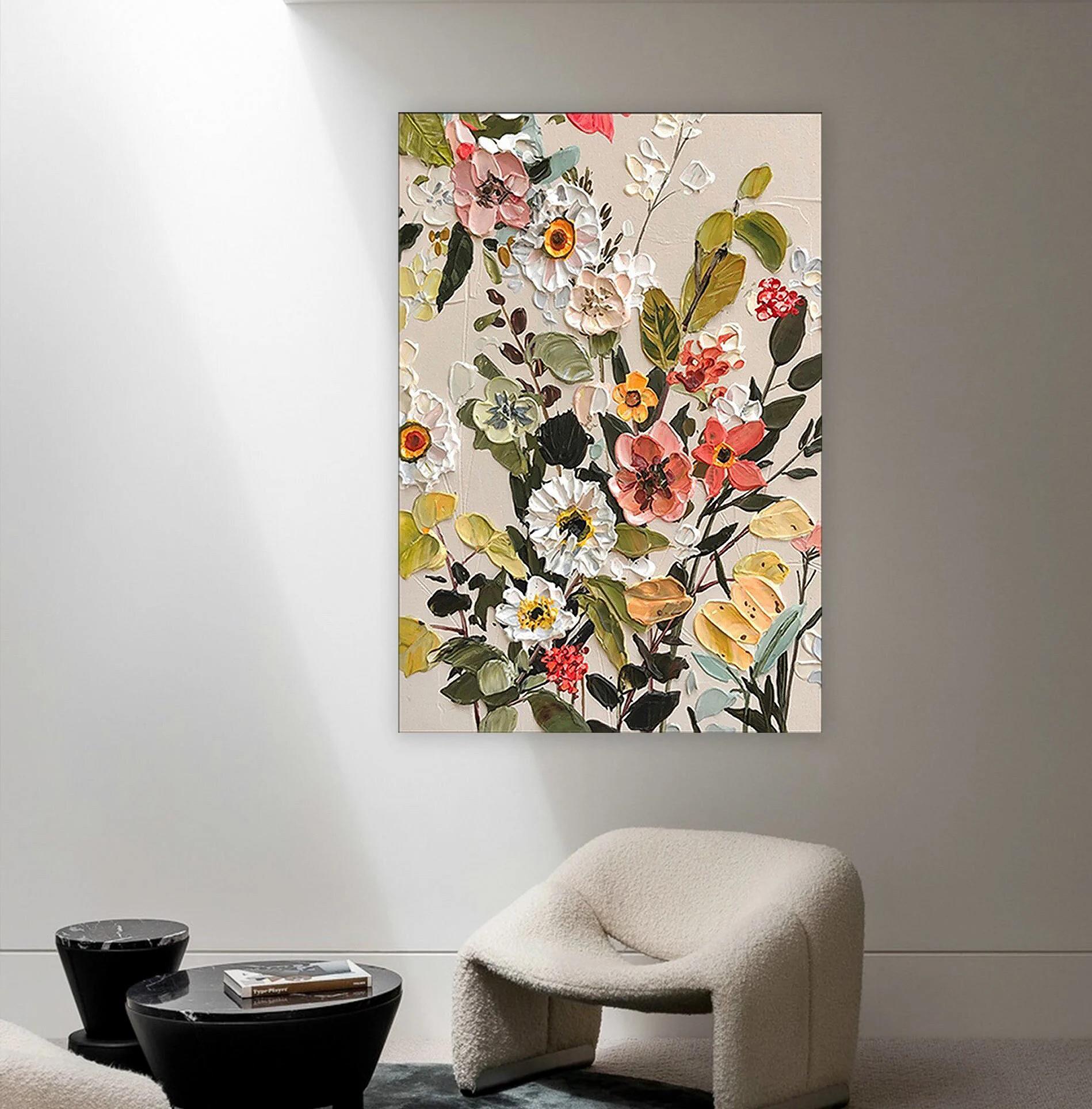 パレット ナイフの壁の装飾テクスチャによる抽象的な咲く花油絵